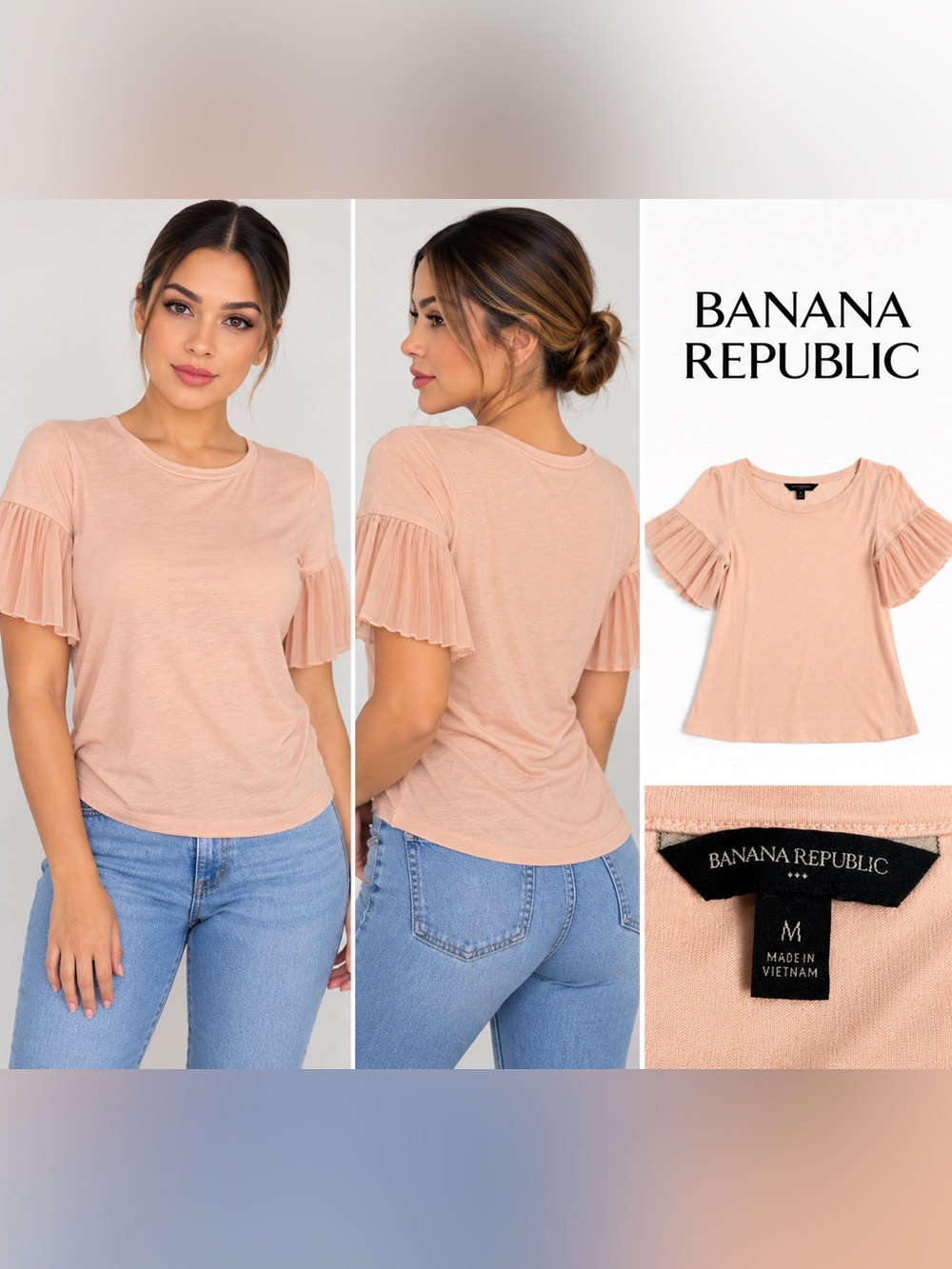 Banana Republic Peach Short Sleeve Top with Pleated Ruffle Sleeves size m